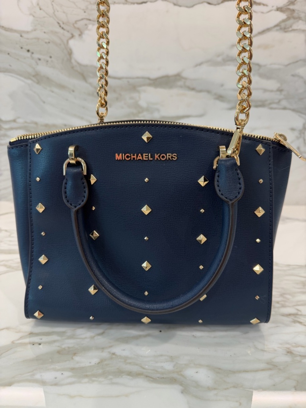 Michael Kors Navy Leather Studded Satchel with Gold Hardware